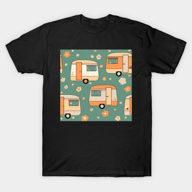 Repeat pattern of cute vintage caravans in retro colours on teal T-Shirt by NattyDesigns